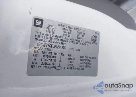 2015 Chevrolet Express 2500 Work Van z USA, uszkodzony, nr VIN 1GCWGFCF5F1271275